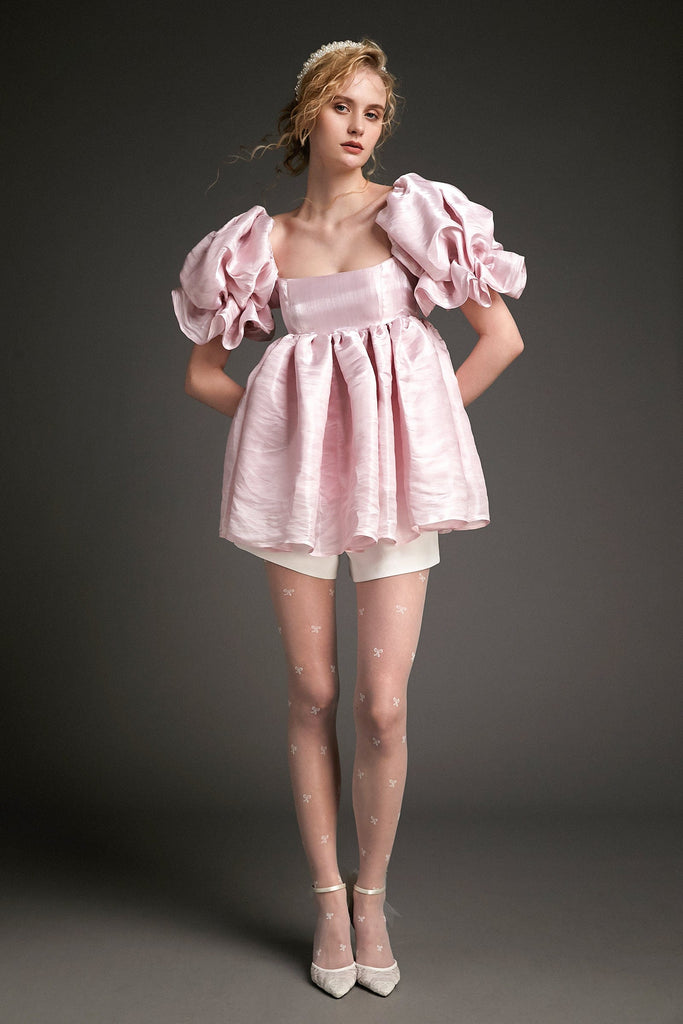 Ifomt - Pink Puff Sleeve Organza Babydoll Mini Dress