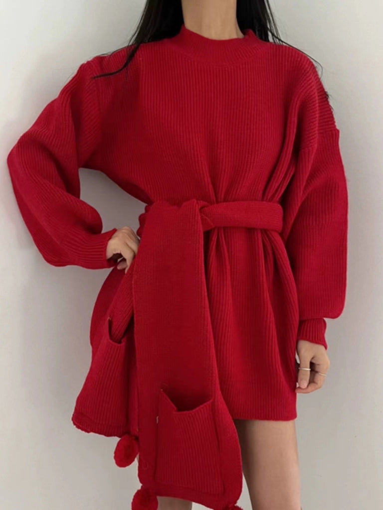 IFOMT 2024 New Fashion Elegant Christmas Red Loose Scarf Sweater Dress