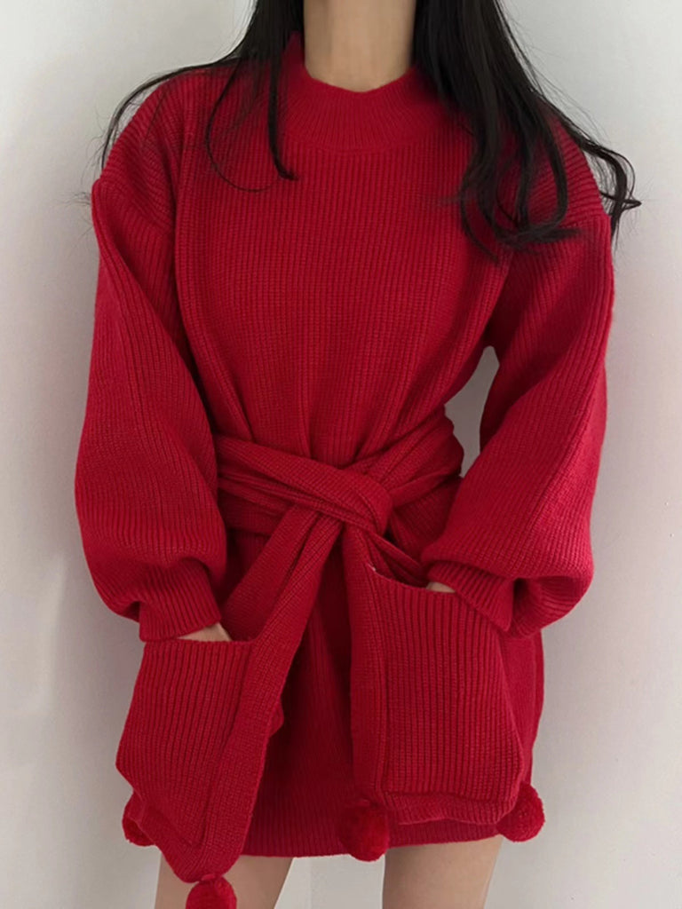 IFOMT 2024 New Fashion Elegant Christmas Red Loose Scarf Sweater Dress
