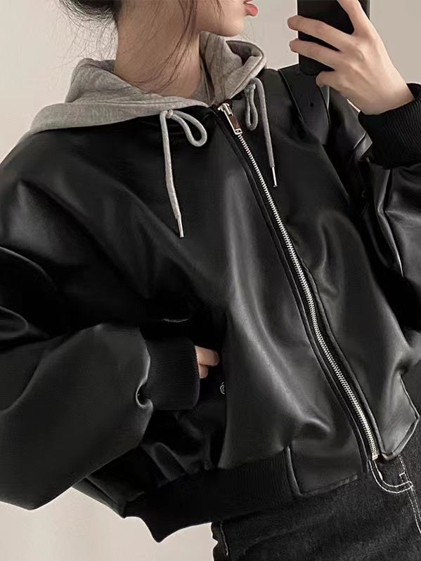 IFOMT 2024 New Fashion Elegant Vintage Zippered Loose Hooded Leather Jacket