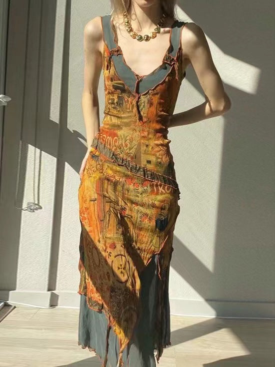 IFOMT 2024 New Fashion Elegant Oil Painting Printed Retro Irregular Mesh Dress