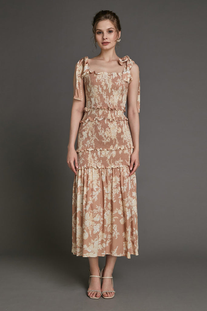 Ifomt - Bisque Floral Print Tie Strap Smocked Ruffled Maxi Dress