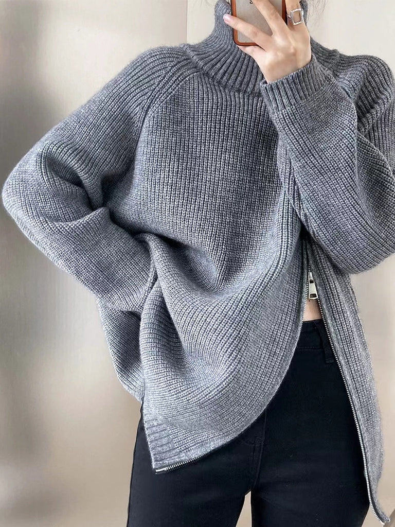 IFOMT 2024 New Fashion Elegant Double-End Diagonal Zipper Turtleneck Slouchy Sweater