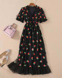 IFOMT Sequined Strawberry Mesh Pleated Maxi Dress