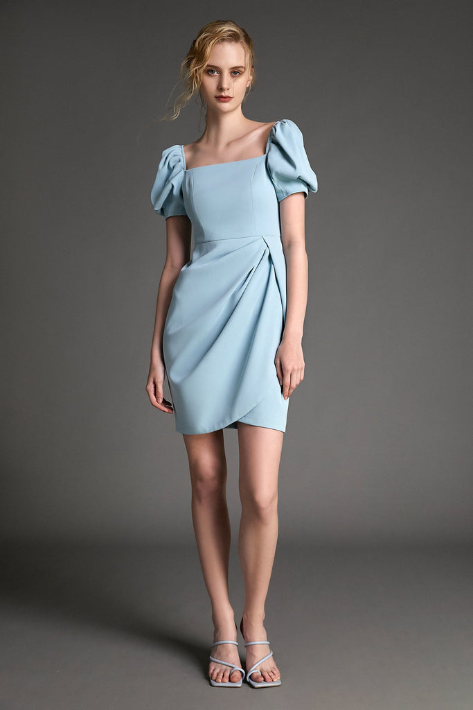 Ifomt - Light Blue Square Neck Puff Sleeve Mini Dress
