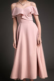 Ifomt - Pink Satin Flounce-Trimmed Off-the-Shoulder Maxi Dress