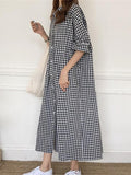 IFOMT 2024 New Fashion Elegant Ramie Cotton Plaid Plus Size Loose Short Sleeve Shirt Dress