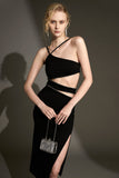 Ifomt - Black One Shoulder Spaghetti Strap Cut Out Rhinestone Trim Bodycon Midi Dress