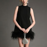 Ifomt - Black Sleeveless Mock Neck Feather-Trimmed Mini Dress