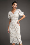 Ifomt - White Lace Overlay V-Neck Rhinestone Detail Midi Dress