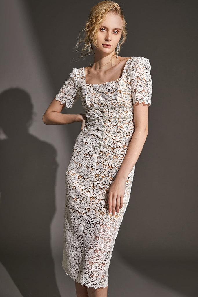 Ifomt - White Lace Square Neck Bodycon Midi Dress