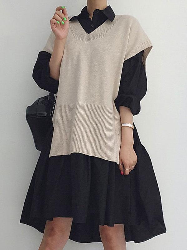 IFOMT 2024 New Fashion Elegant Split Knit Vest + Lapel Long Sleeve Shirt Dress