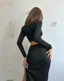 IFOMT 2024 New Fashion Dress Woman Style  V-Neck Crop Slit Maxi Skirt Set in Black - Noxlook
