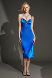 Ifomt - Blue Satin Sweetheart Neck Cut Out Midi Dress