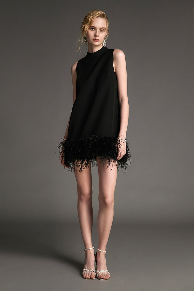 Ifomt - Black Sleeveless Mock Neck Feather-Trimmed Mini Dress