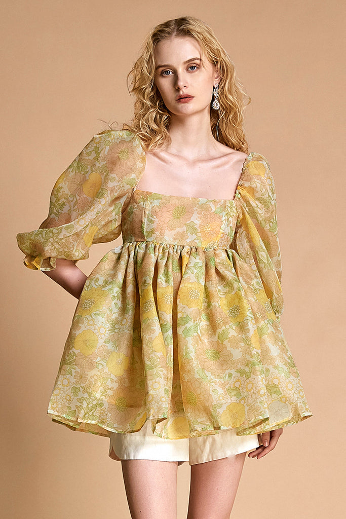 Ifomt - Lemon Chiffon Floral Print Puff Sleeve Babydoll Smock Mini Dress