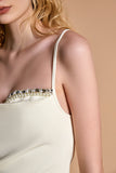 Ifomt - Ivory Rhinestone Detail Cowl Neck Spaghetti Strap Mini Dress