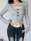 IFOMT 2024 Fashion Woman tops y2k style Sweet Bow Long Sleeve Lace Spliced Top