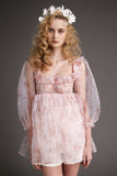 Ifomt - Pink Puff Sleeve Floral Print Organza Babydoll Mini Dress