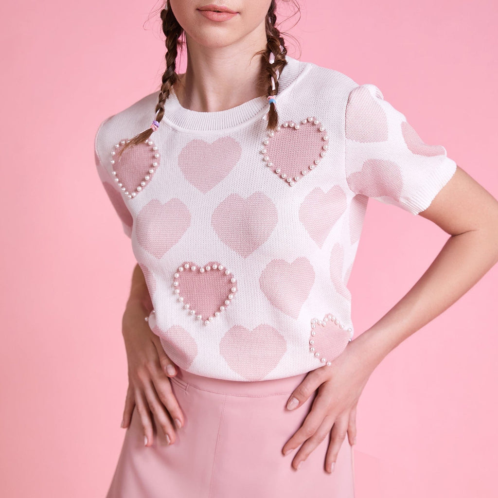 Ifomt Pink Heart Print Knitted Crop Top