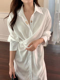 IFOMT 2024 New Fashion Elegant Lapel Cross-Tie Balloon Sleeve Shirt Dress