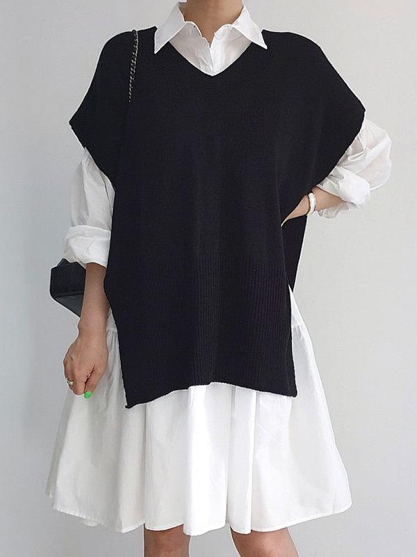 IFOMT 2024 New Fashion Elegant Split Knit Vest + Lapel Long Sleeve Shirt Dress