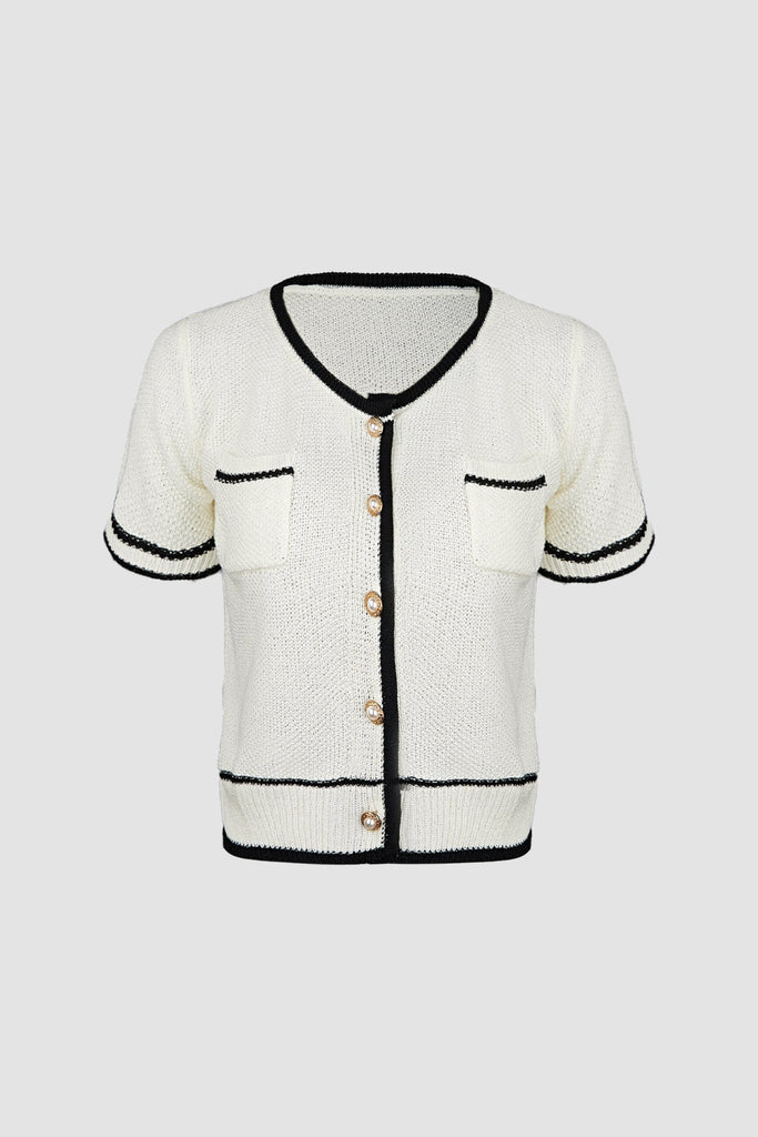 Ifomt White Contrast Trim Chest Pocket Cropped Blouse