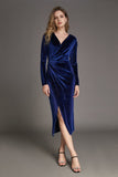 Ifomt - Midnight Blue Velvet Sequin Ruched Bodycon Midi Dress