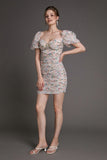 Ifomt - Multicolor Floral Print Rhinestone-Embellished Ruched Mesh Mini Dress