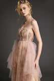 Ifomt - Pink Strapless Sequin Lace-Up Back Tulle Maxi Dress
