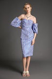 Ifomt - Cornflower Blue Striped Off-the-Shoulder Puff Sleeve Midi Dress