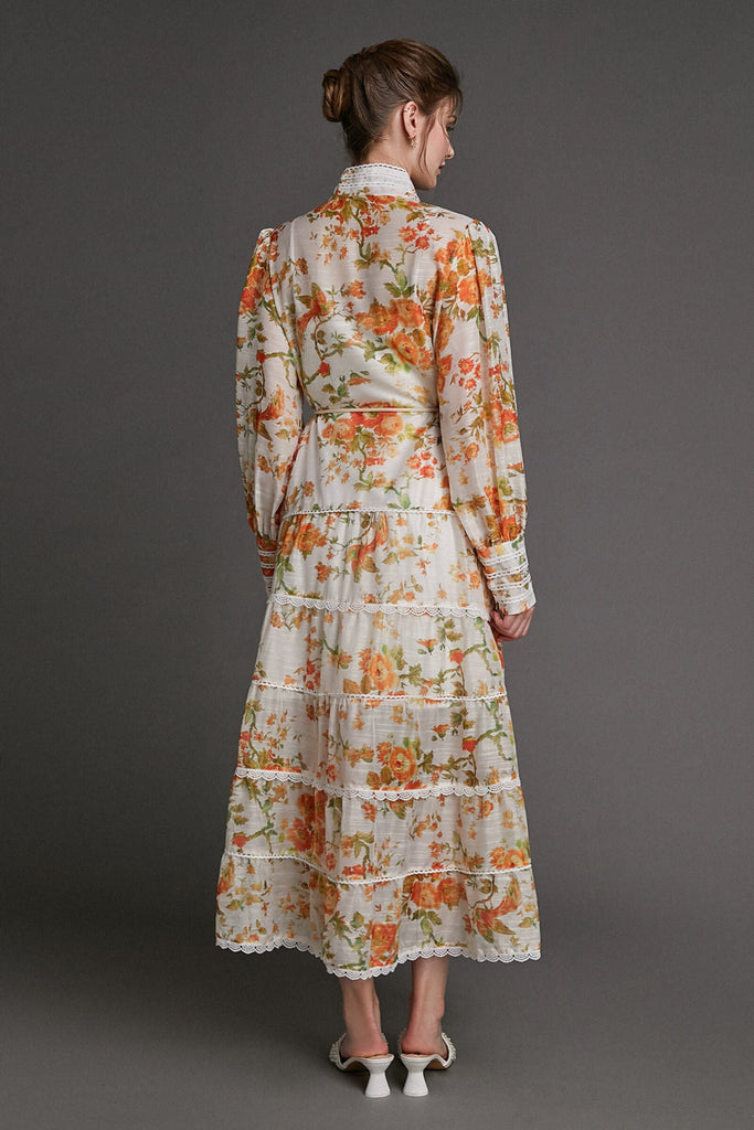 Ifomt - Orange Floral Print Button Front Balloon Sleeve Belted Tiered Maxi Dress