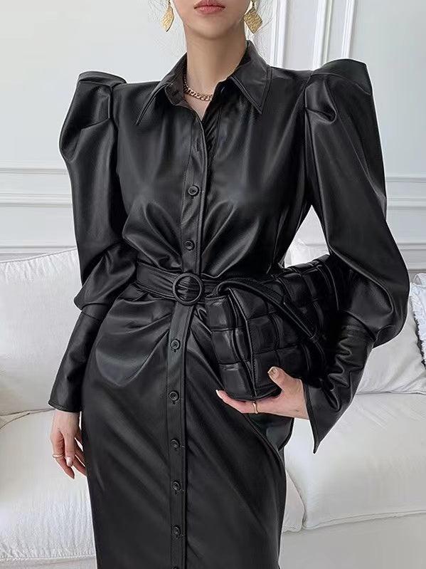 IFOMT 2024 New Fashion Elegant Graceful Lapel Buckle Belt Puff Sleeve PU Leather Dress
