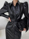 IFOMT 2024 New Fashion Elegant Graceful Lapel Buckle Belt Puff Sleeve PU Leather Dress