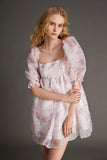 Ifomt - Plum Organza Floral Print Square Neck Puff Sleeve Babydoll Mini Dress