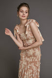 Ifomt - Bisque Floral Print Tie Strap Smocked Ruffled Maxi Dress
