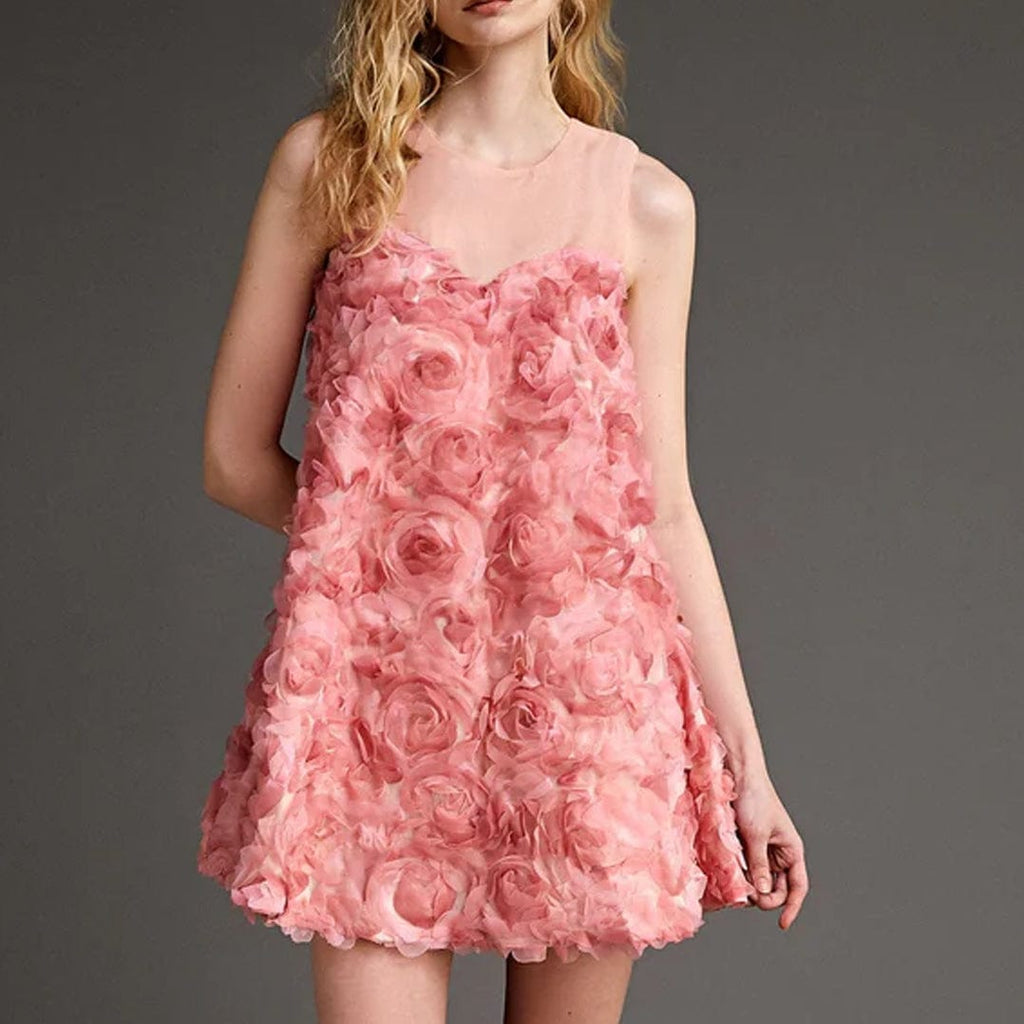 Ifomt - Pink Floral Embroidery Appliqué Sleeveless Mini Dress