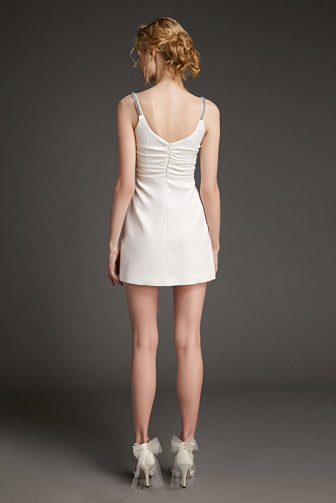 Ifomt - White Bow Detail Rhinestone-Embellished Strap Ruched Mini Dress
