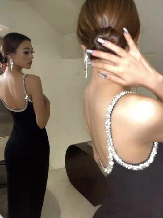 IFOMT 2024 New Fashion Elegant Black Diamond Glitter Slim Fit Open Back Evening Dress