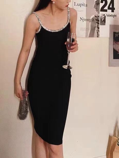IFOMT 2024 New Fashion Elegant Black Diamond Glitter Slim Fit Open Back Evening Dress