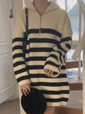 IFOMT 2024 New Fashion Elegant Vintage Half-Zip Striped Loose Long-Sleeve Knit Dress