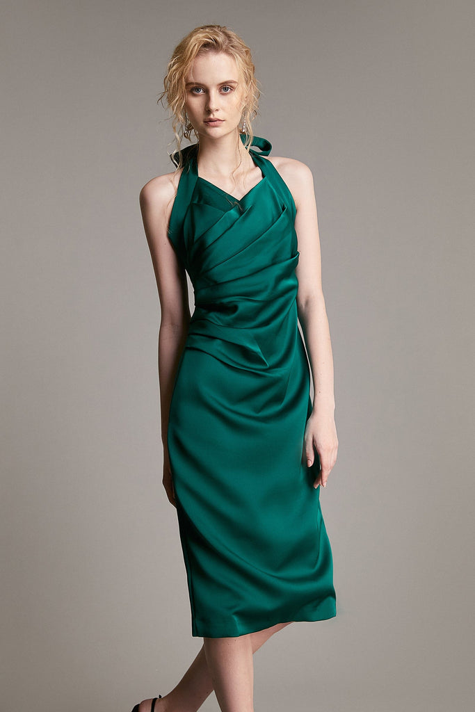 Ifomt - Dark Green Satin Halterneck Ruched Bodycon Midi Dress