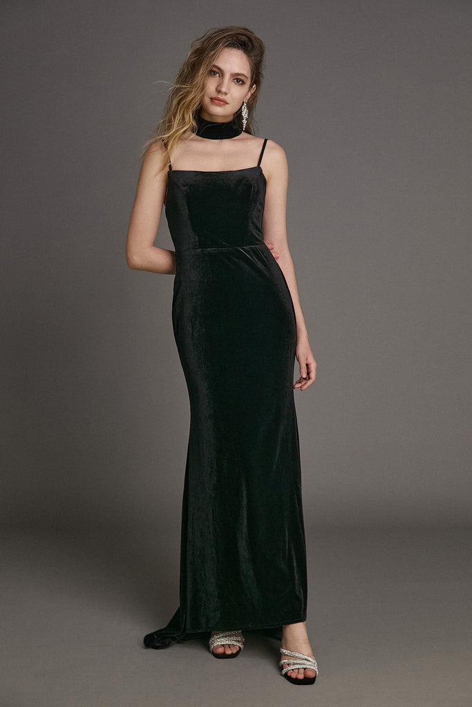 Ifomt - Black Velvet Spaghetti Strap Backless Long Mermaid Formal Dress
