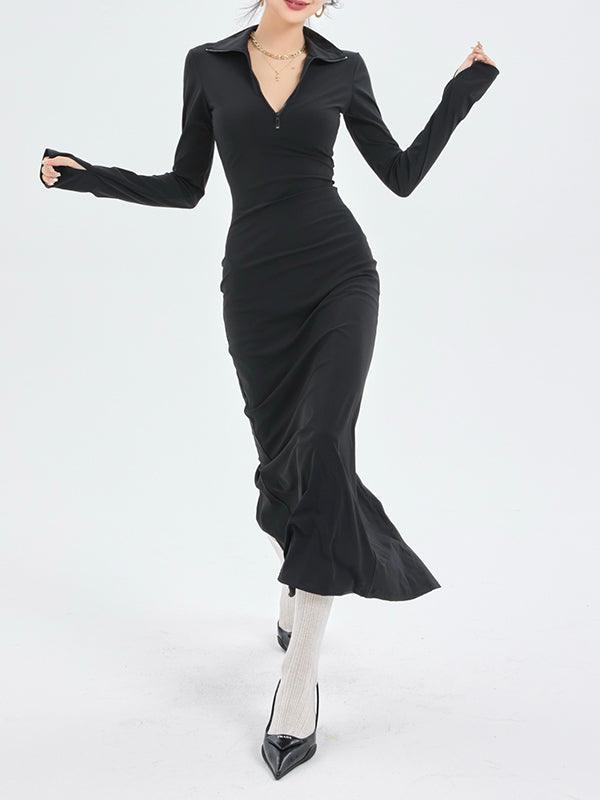 IFOMT 2024 New Fashion Elegant Fashionable Black Knitted Long-sleeve Bottoming Slit Dress
