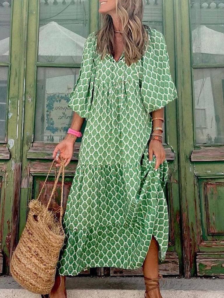 IFOMT 2024 New Fashion Elegant Hot Green Printed Vacation Loose Maxi Dresses