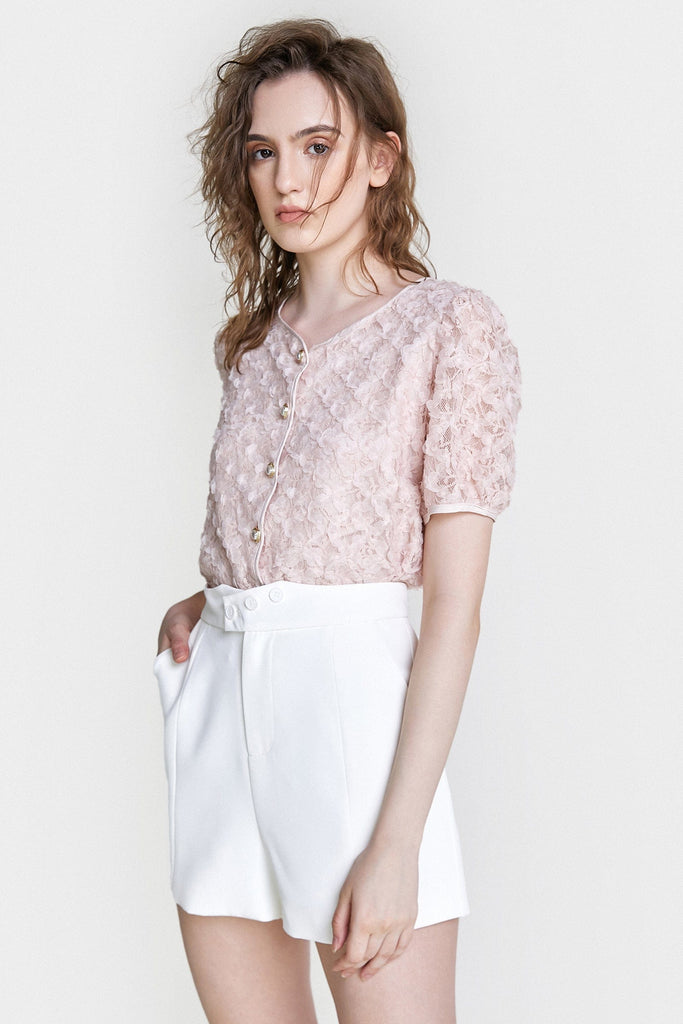 Ifomt Pink Textured Floral Button Front Blouse
