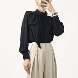 Ifomt Black Long Sleeve Tie Neck Blouse