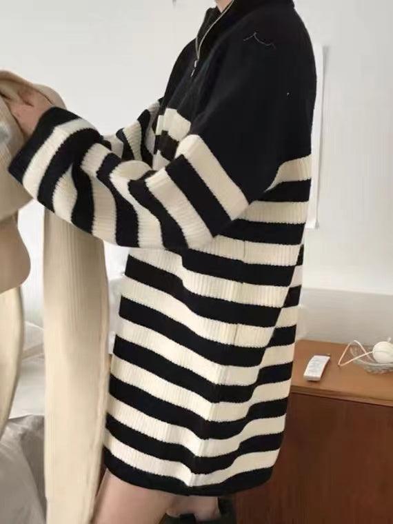 IFOMT 2024 New Fashion Elegant Vintage Half-Zip Striped Loose Long-Sleeve Knit Dress