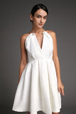 Ifomt - White Sleeveless Metal Ring Halter Mini Dress