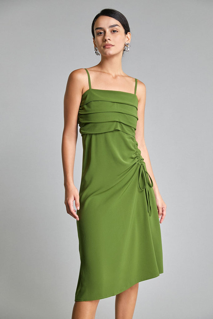 Ifomt - Dark Olive Green Ruched Drawstring Pleat Detail Midi Dress